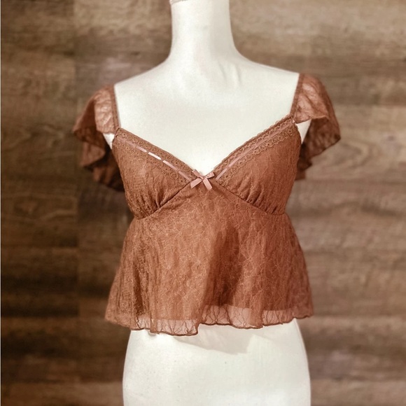Chic Brown Ruffle Sleeve Crop Top - Picture 5 of 5